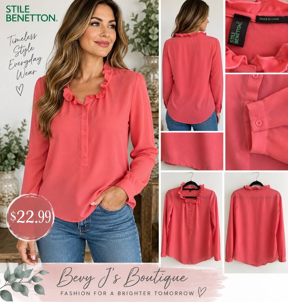 Stile Benetton Womens Small Coral Pink Ruffle Neck Blouse Long Sleeve Romantic